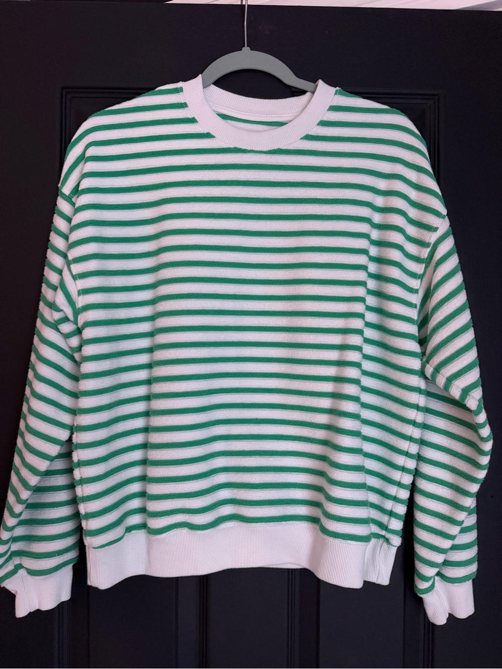 American Eagle Outfitters Green and White Striped Crewneck Sweater